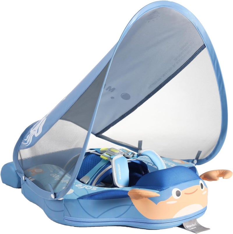 AnjeeIOT Mambobaby Float with Canopy Non Inflatable Baby Float Upgrade Add Tail Baby Pool Float with UPF 50+Sun Canopy Solid Swim Float No Flip Over for Infant Aged 3-24 Months, Crab Blue - Image 1